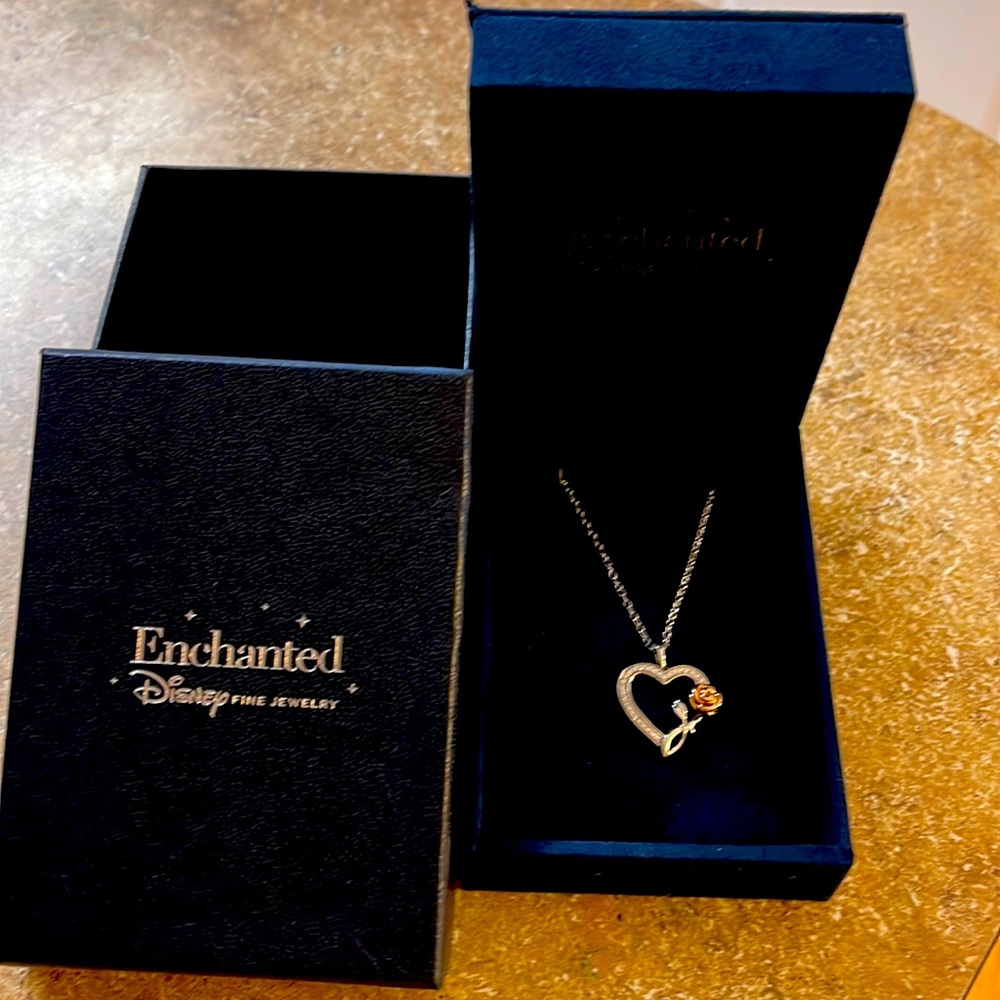Disney Enchanted Belle heart necklace with rose gold rose
